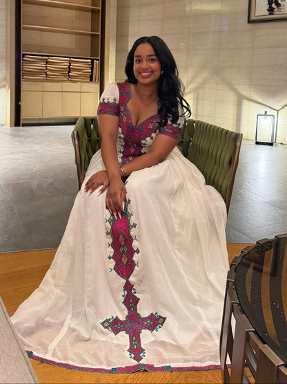 Magenta & Green Diamond Tilf Ethiopian dress Gown Habesha clothing & Habesha Traditional Dress 1227