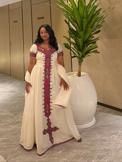 Magenta & Green Diamond Tilf Ethiopian dress Gown Habesha clothing & Habesha Traditional Dress 1227