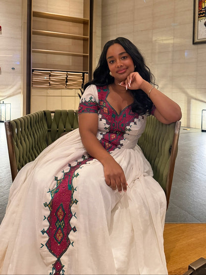 Magenta & Green Diamond Tilf Ethiopian dress Gown Habesha clothing & Habesha Traditional Dress 1227