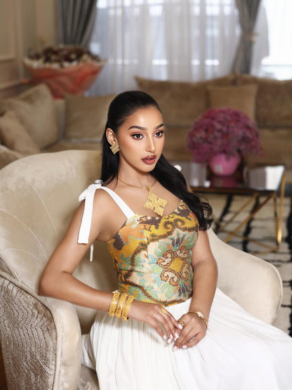 Mustard Gold & Cyan Jacquard Corset Habesha Dress Gown Stylish Habesha kemis & Ethiopian Clothing 1228