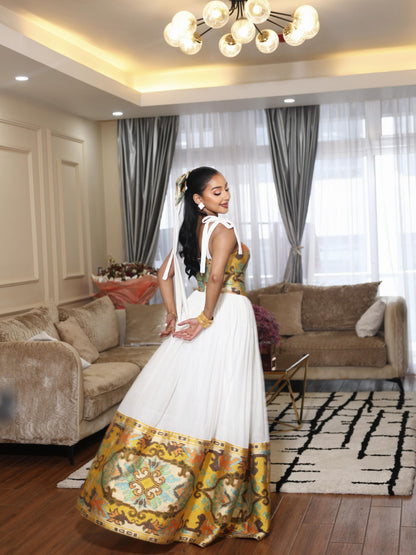 Mustard Gold & Cyan Jacquard Corset Habesha Dress Gown Stylish Habesha kemis & Ethiopian Clothing 1228