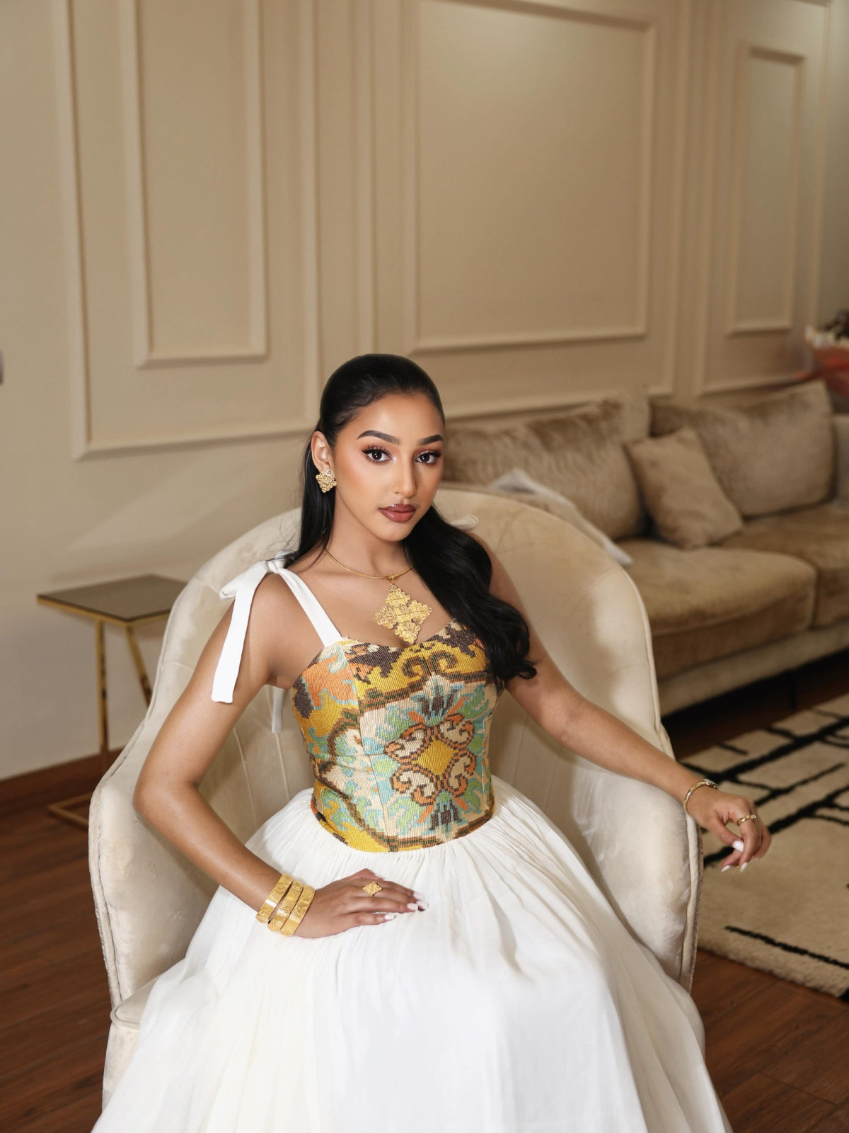 Mustard Gold & Cyan Jacquard Corset Habesha Dress Gown Stylish Habesha kemis & Ethiopian Clothing 1228