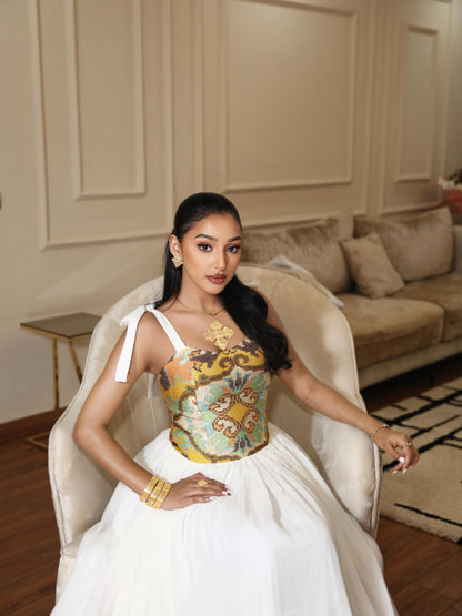 Mustard Gold & Cyan Jacquard Corset Habesha Dress Gown Stylish Habesha kemis & Ethiopian Clothing 1228