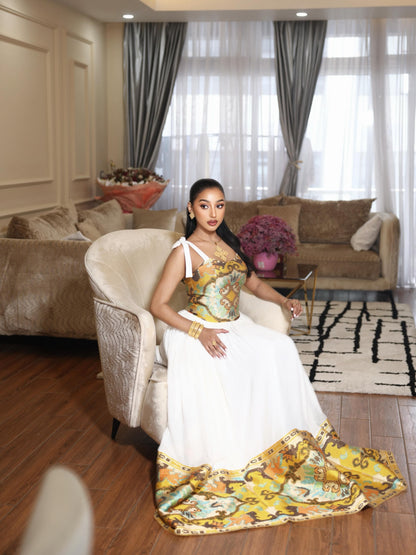 Mustard Gold & Cyan Jacquard Corset Habesha Dress Gown Stylish Habesha kemis & Ethiopian Clothing 1228