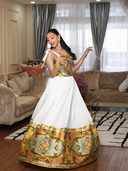 Mustard Gold & Cyan Jacquard Corset Habesha Dress Gown Stylish Habesha kemis & Ethiopian Clothing 1228