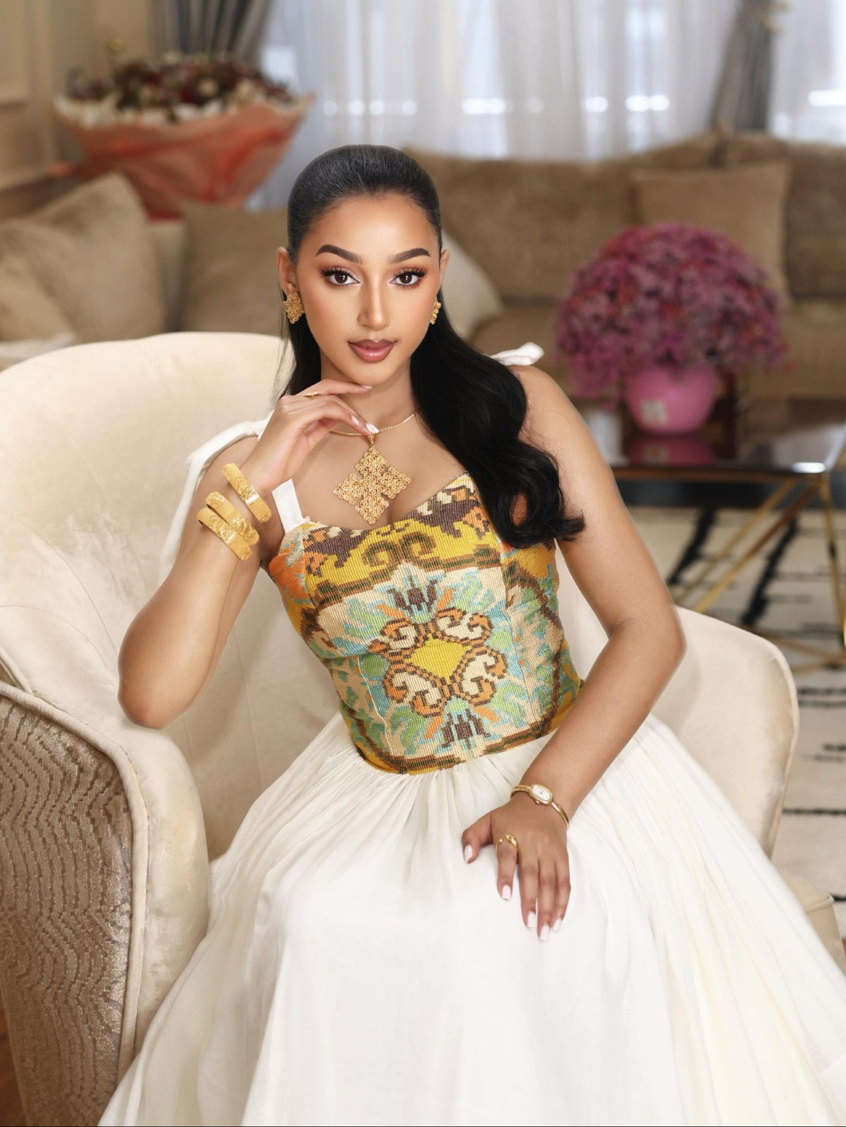 Mustard Gold & Cyan Jacquard Corset Habesha Dress Gown Stylish Habesha kemis & Ethiopian Clothing 1228