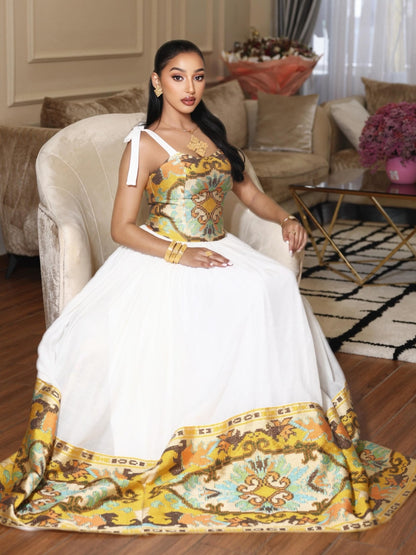 Mustard Gold & Cyan Jacquard Corset Habesha Dress Gown Stylish Habesha kemis & Ethiopian Clothing 1228