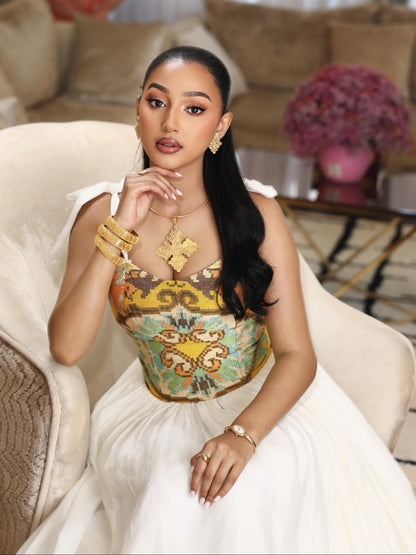 Mustard Gold & Cyan Jacquard Corset Habesha Dress Gown Stylish Habesha kemis & Ethiopian Clothing 1228