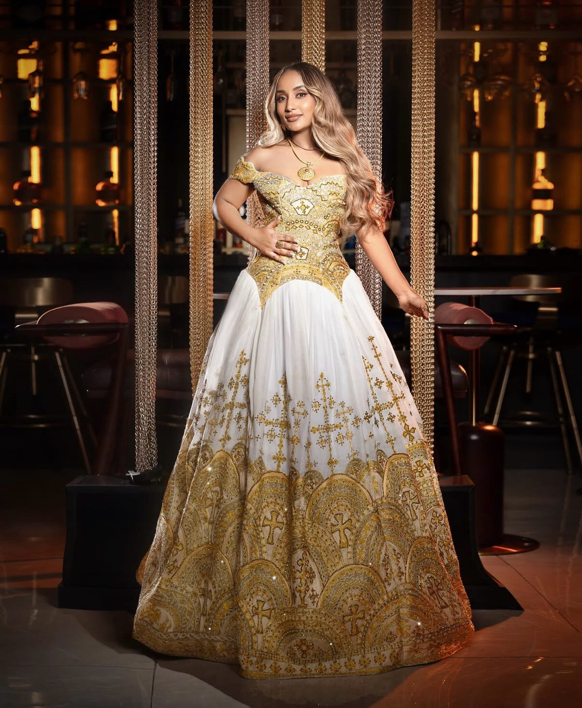 Royal Gold Off-Shoulder Corset Bridal Gown Traditional Ethiopian Wedding dress Graceful Habesha Kemis 1229
