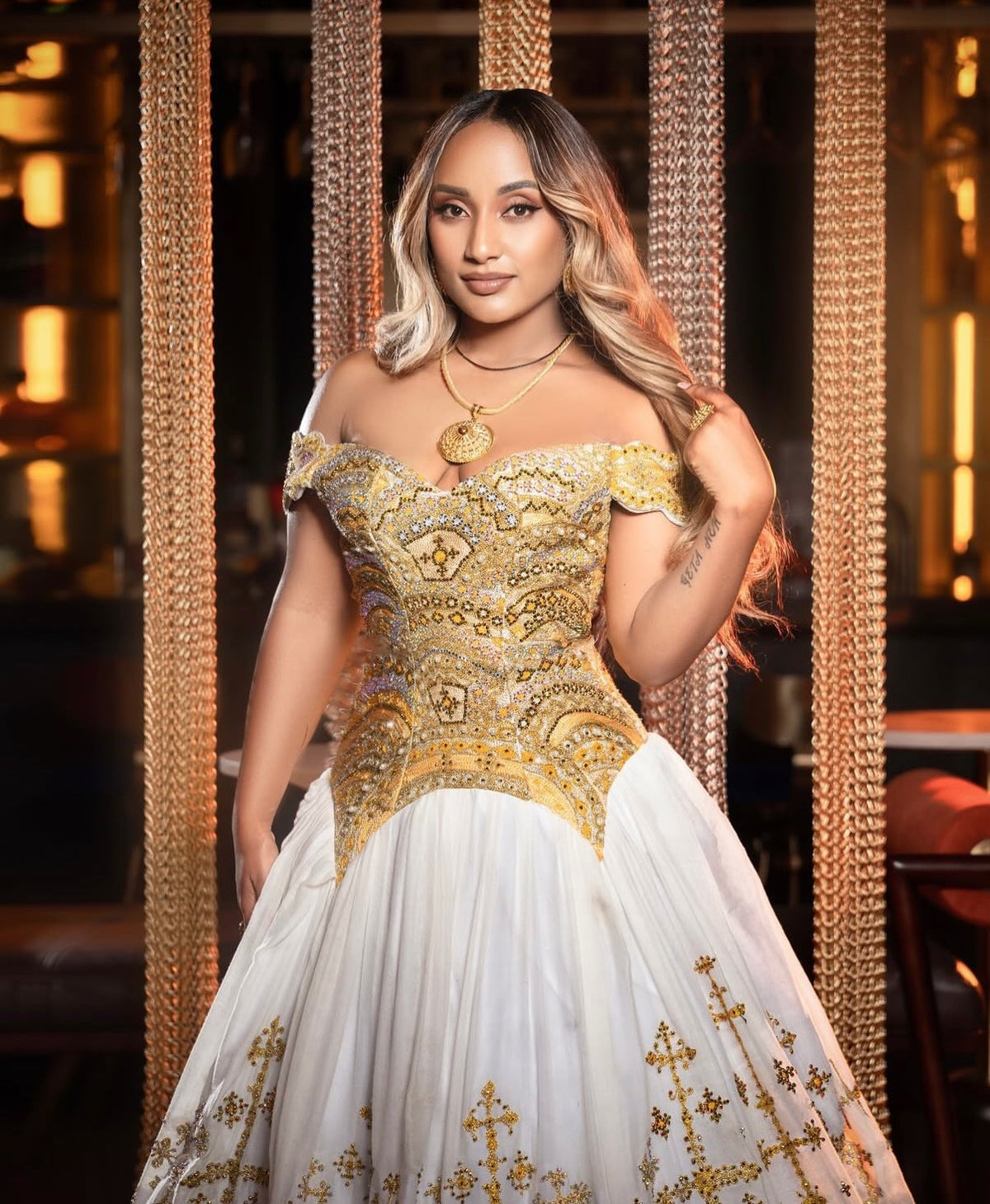 Royal Gold Off-Shoulder Corset Bridal Gown Traditional Ethiopian Wedding dress Graceful Habesha Kemis 1229