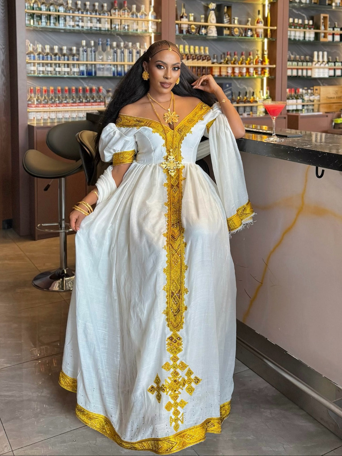 Royal Gold Off-the-Shoulder Gown | Authentic habesha cloth