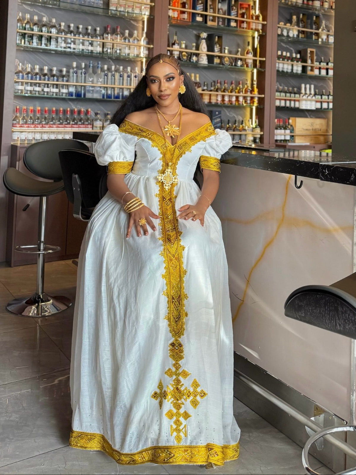 Royal Gold Embroidered Off-Shoulder Puff Sleeve habesha kemis Fine Traditional Ethiopian dress 1230