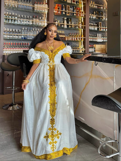 Royal Gold Embroidered Off-Shoulder Puff Sleeve habesha kemis Fine Traditional Ethiopian dress 1230
