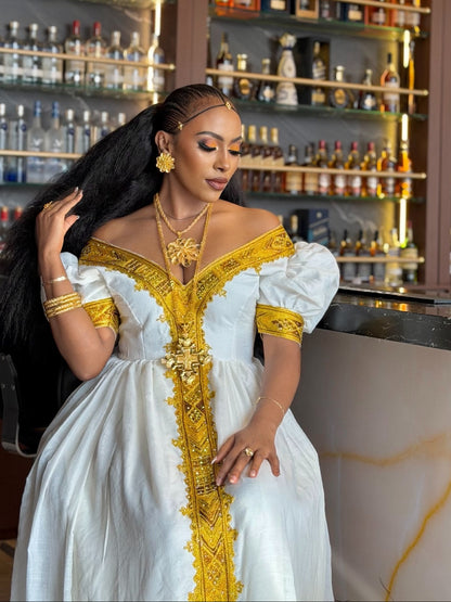 Royal Gold Embroidered Off-Shoulder Puff Sleeve habesha kemis Fine Traditional Ethiopian dress 1230
