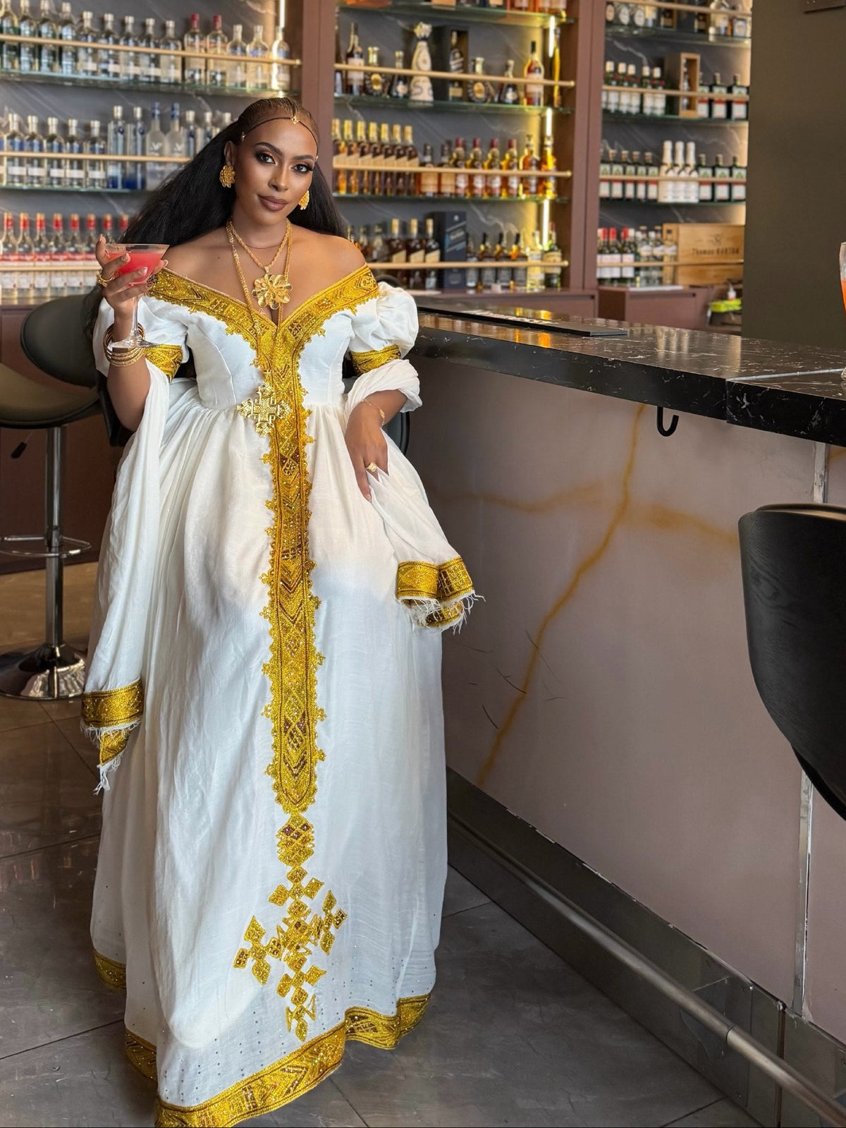 Royal Gold Embroidered Off-Shoulder Puff Sleeve habesha kemis Fine Traditional Ethiopian dress 1230
