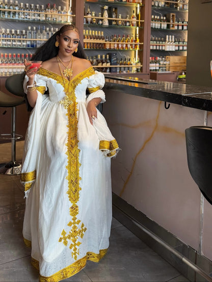 Royal Gold Embroidered Off-Shoulder Puff Sleeve habesha kemis Fine Traditional Ethiopian dress 1230