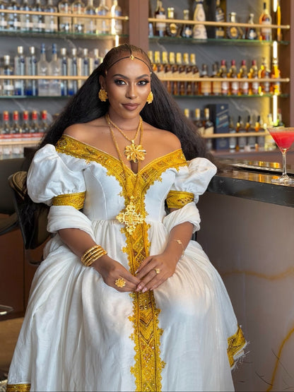Royal Gold Embroidered Off-Shoulder Puff Sleeve habesha kemis Fine Traditional Ethiopian dress 1230