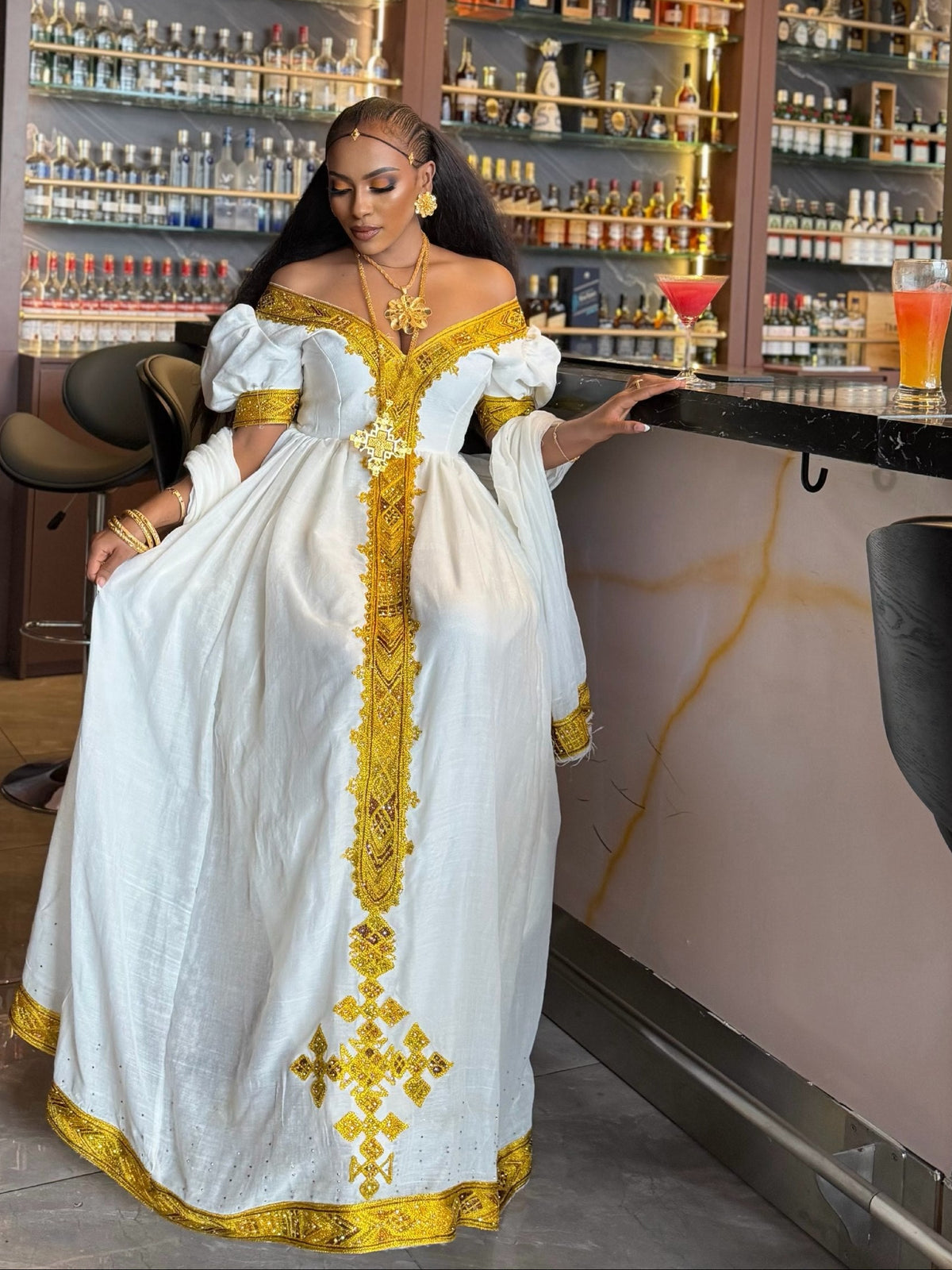 Royal Gold Embroidered Off-Shoulder Puff Sleeve habesha kemis Fine Traditional Ethiopian dress 1230