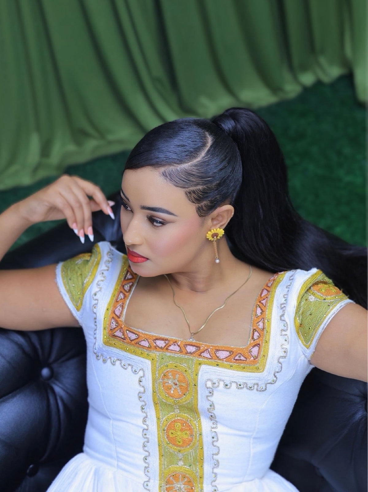 Olive Green & Warm Gold Square-Neck Cap Sleeve Habesha Kemis online & Traditional Ethiopian dress 1231