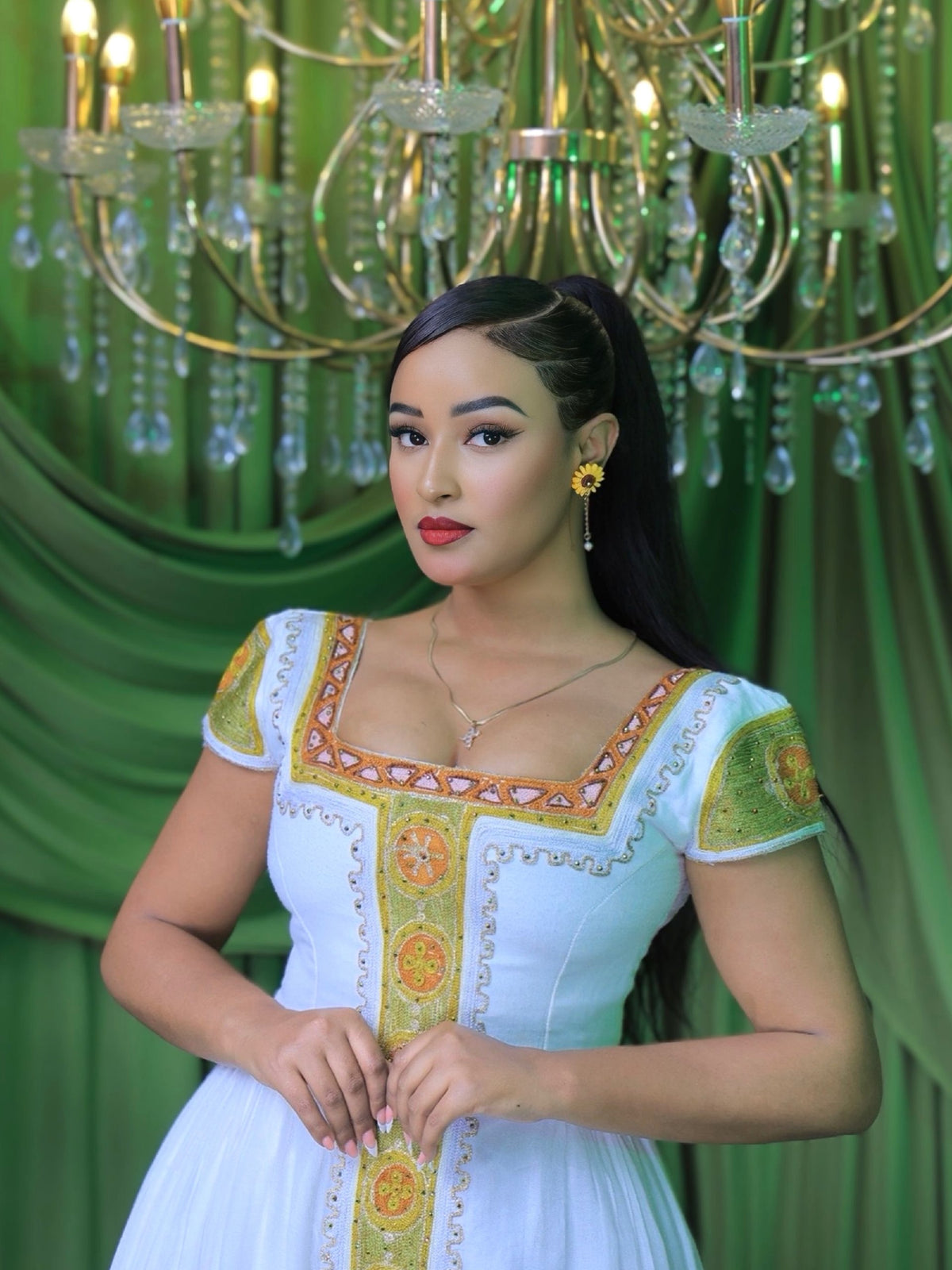 Olive Green & Warm Gold Square-Neck Cap Sleeve Habesha Kemis online & Traditional Ethiopian dress 1231
