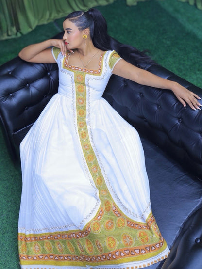 Olive Green & Warm Gold Square-Neck Cap Sleeve Habesha Kemis online & Traditional Ethiopian dress 1231