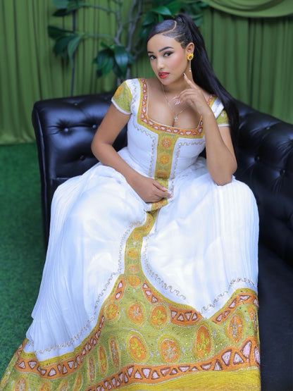 Olive Green & Warm Gold Square-Neck Cap Sleeve Habesha Kemis online & Traditional Ethiopian dress 1231
