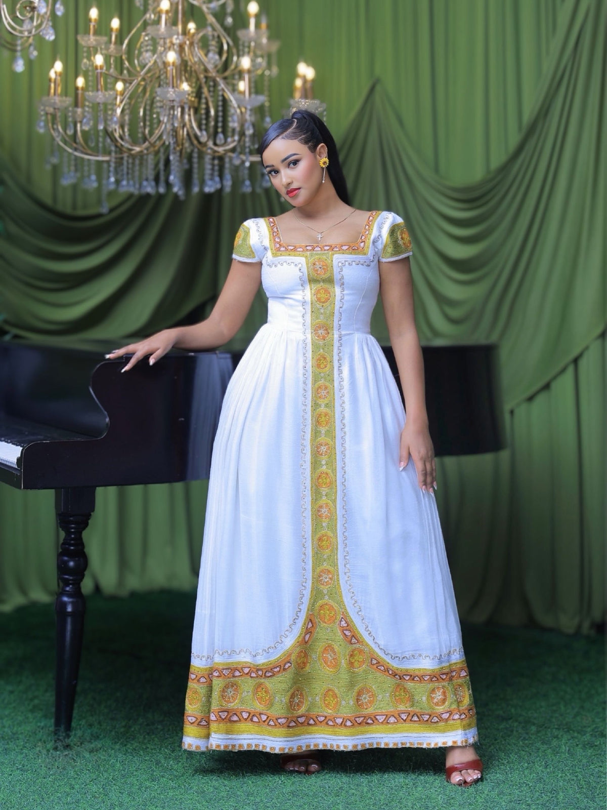 Olive Green & Warm Gold Square-Neck Cap Sleeve Habesha Kemis online & Traditional Ethiopian dress 1231