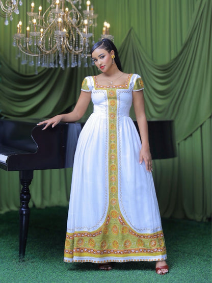Olive Green & Warm Gold Square-Neck Cap Sleeve Habesha Kemis online & Traditional Ethiopian dress 1231