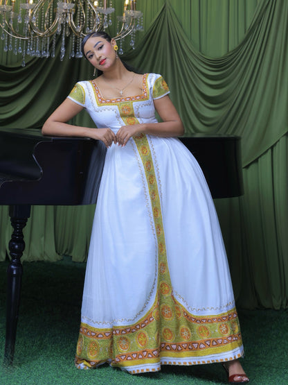 Olive Green & Gold Square-Neck Gown habesha cloth