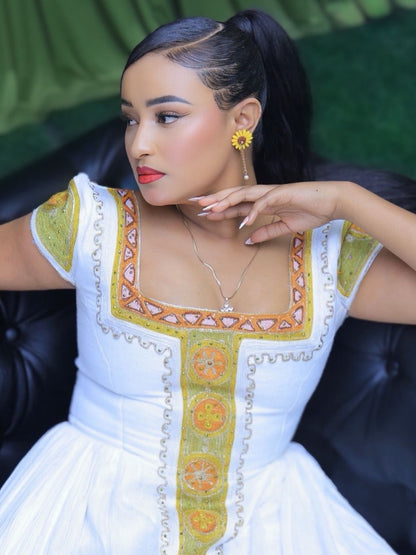 Olive Green & Warm Gold Square-Neck Cap Sleeve Habesha Kemis online & Traditional Ethiopian dress 1231