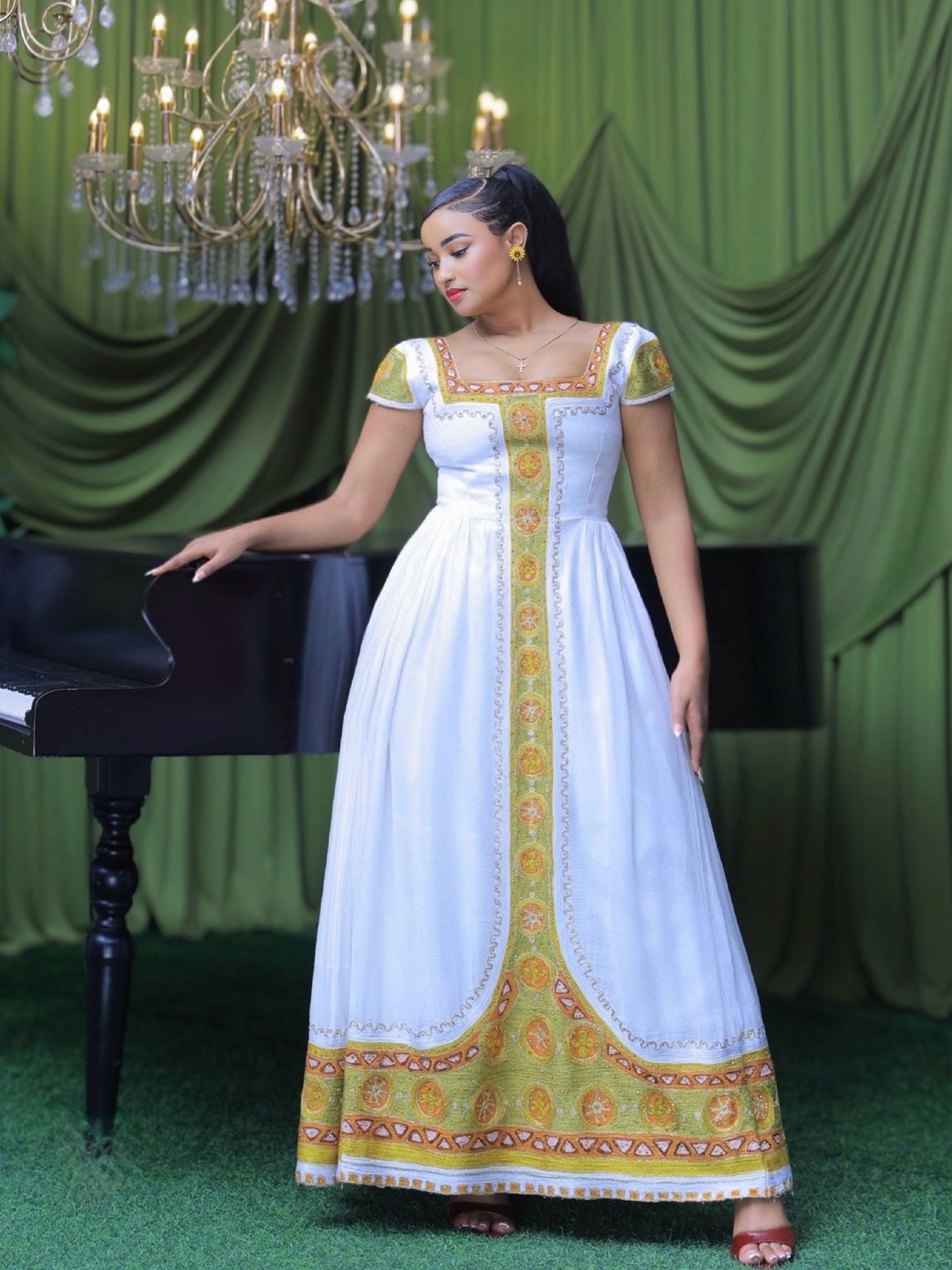 Olive Green & Warm Gold Square-Neck Cap Sleeve Habesha Kemis online & Traditional Ethiopian dress 1231