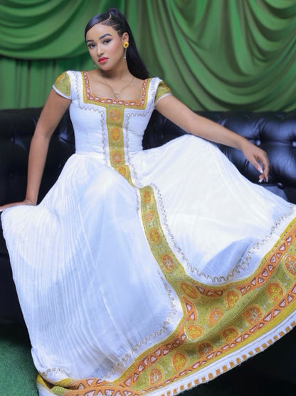 Olive Green & Warm Gold Square-Neck Cap Sleeve Habesha Kemis online & Traditional Ethiopian dress 1231
