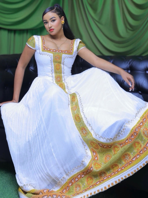 Olive Green & Warm Gold Square-Neck Cap Sleeve Habesha Kemis online & Traditional Ethiopian dress 1231