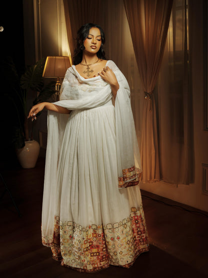 Terracotta & Muted Gold Off-Shoulder Habesha Kemis Puff Sleeve Habesha Dress & Ethiopian clothing 1232