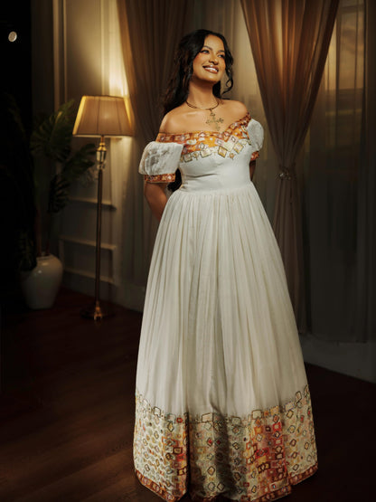 Off-the-Shoulder Mosaic Gown | Fine habesha cloth