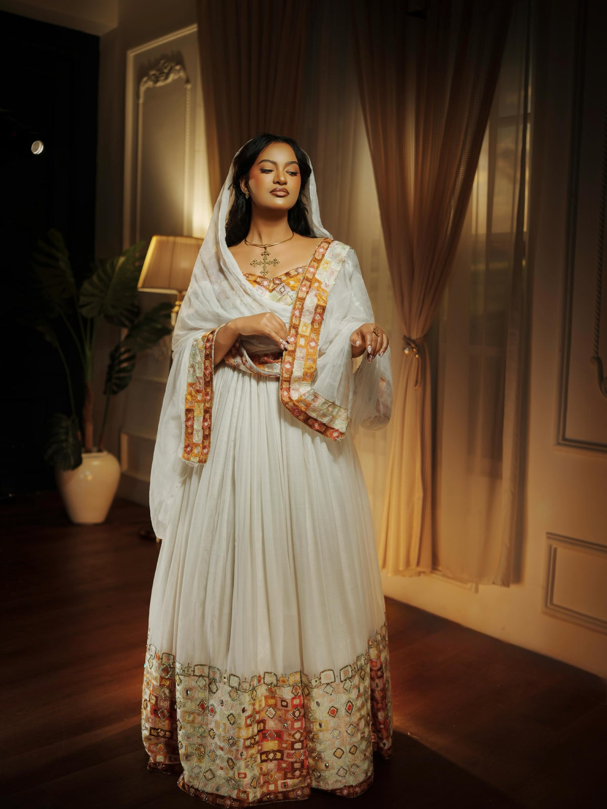 Terracotta & Muted Gold Off-Shoulder Habesha Kemis Puff Sleeve Habesha Dress & Ethiopian clothing 1232