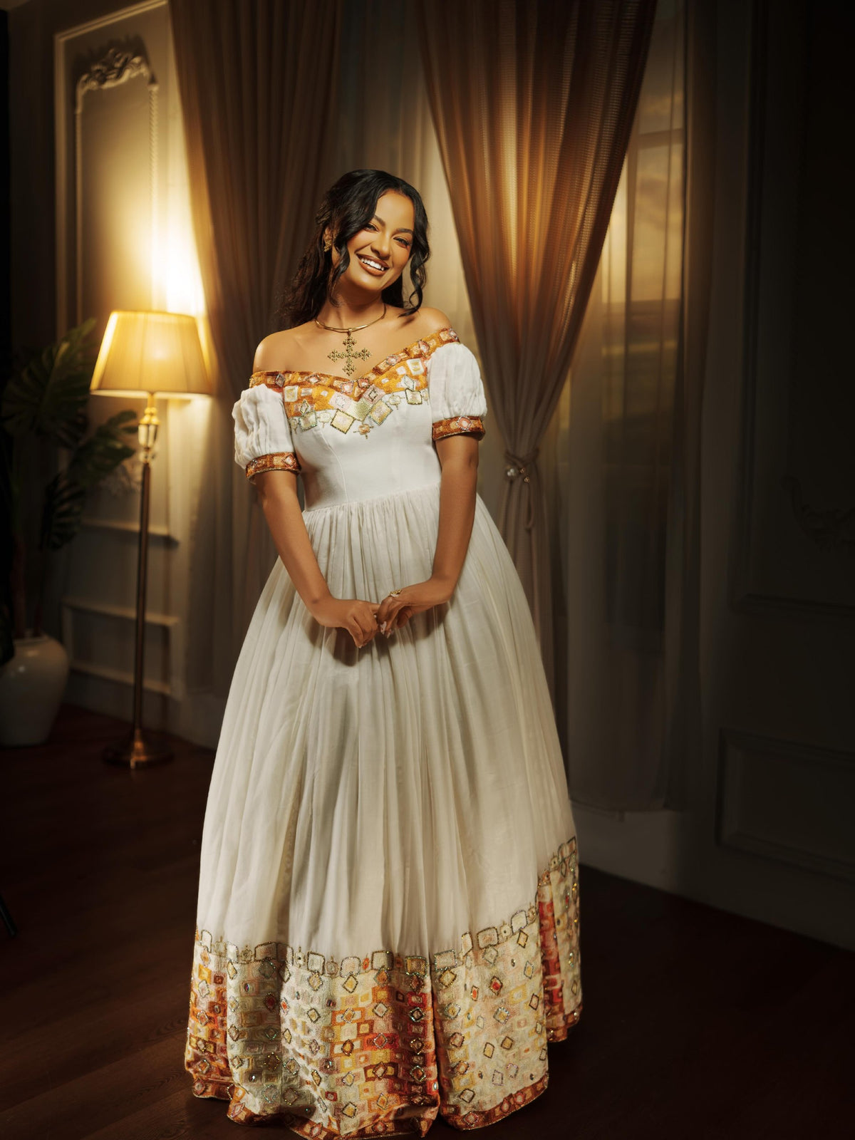 Terracotta & Muted Gold Off-Shoulder Habesha Kemis Puff Sleeve Habesha Dress & Ethiopian clothing 1232