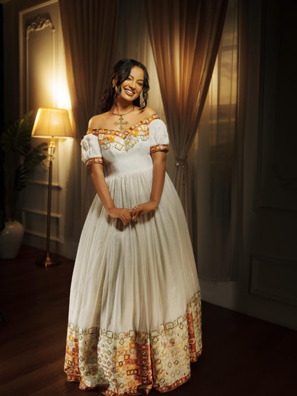 Terracotta & Muted Gold Off-Shoulder Habesha Kemis Puff Sleeve Habesha Dress & Ethiopian clothing 1232