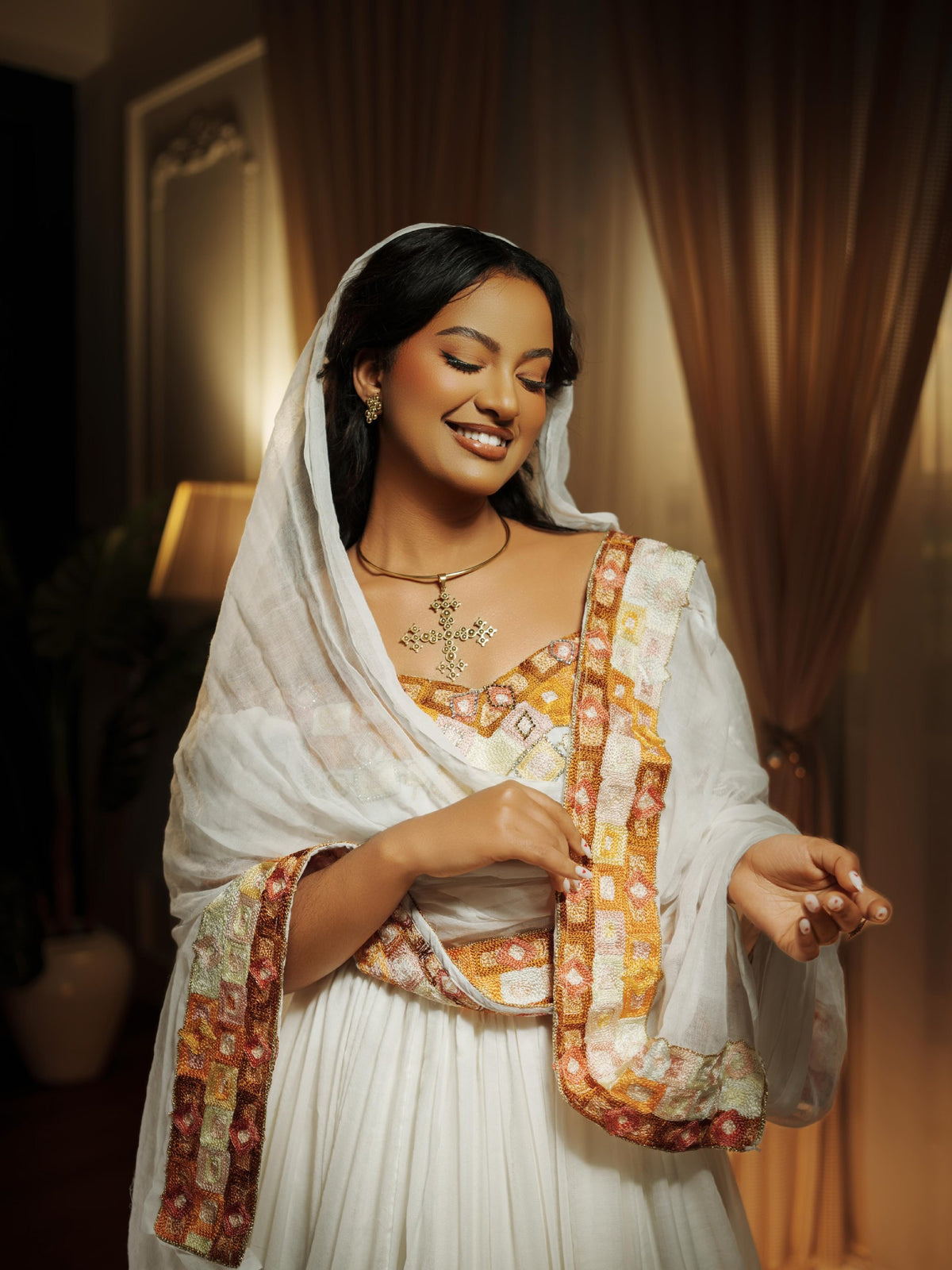 Terracotta & Muted Gold Off-Shoulder Habesha Kemis Puff Sleeve Habesha Dress & Ethiopian clothing 1232