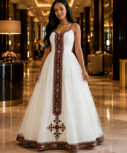 Order AI-Generated Habesha Kemis Online | Burgundy Spaghetti Strap Ethiopian Traditional Dress