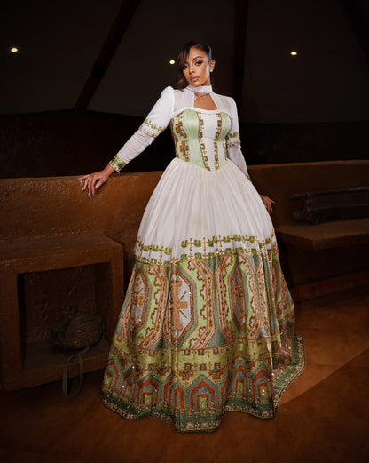 Sage Green & Gold High-Neck Corset Bridal Habesha Dress Traditional Ethiopian Wedding Dress 1235