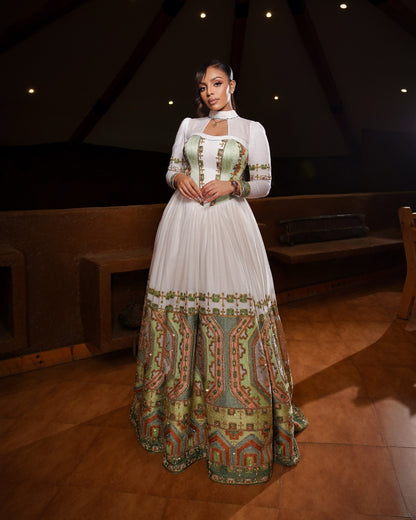 Sage Green & Gold High-Neck Corset Bridal Habesha Dress Traditional Ethiopian Wedding Dress 1235