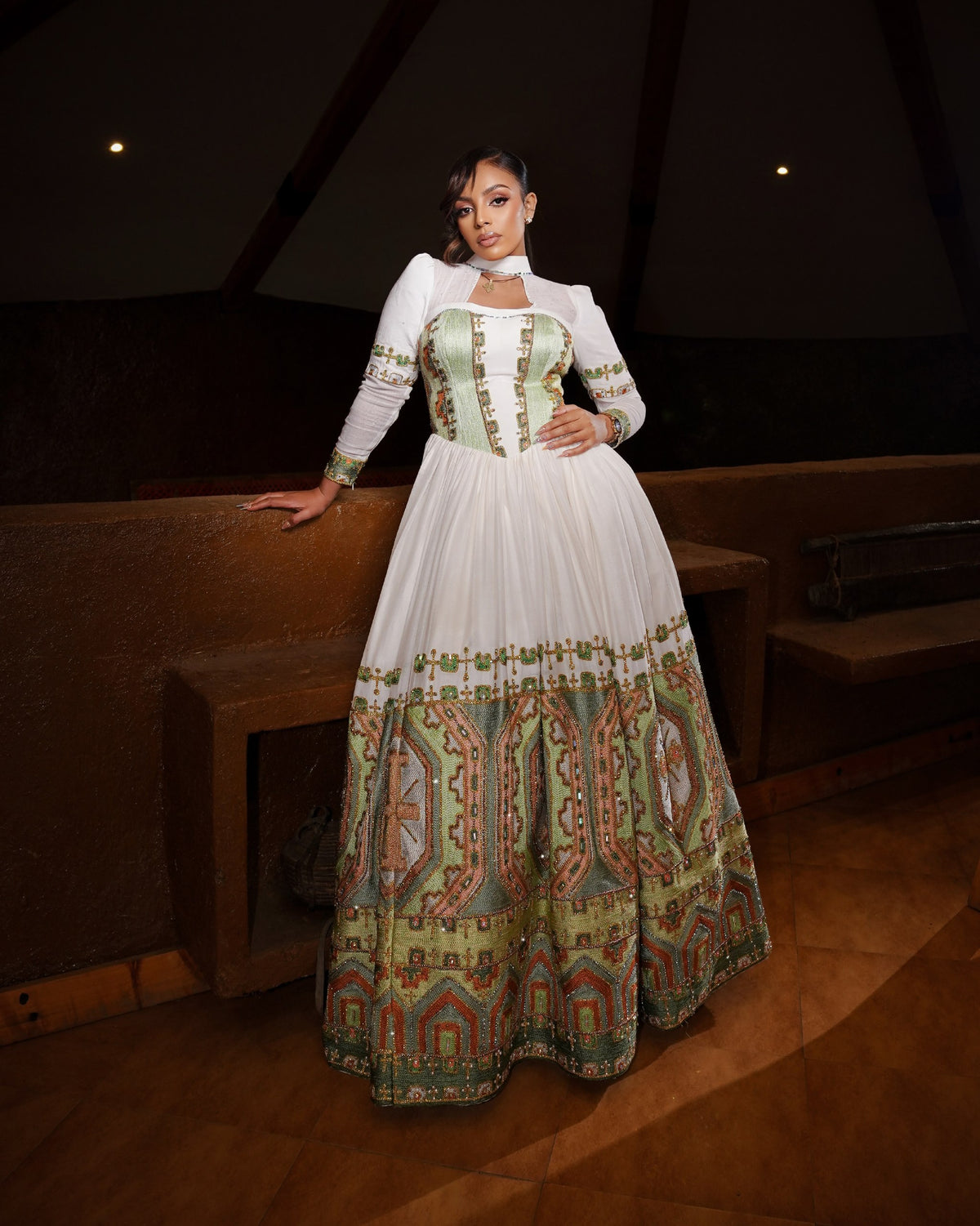 Sage Green & Gold High-Neck Corset Bridal Habesha Dress Traditional Ethiopian Wedding Dress 1235