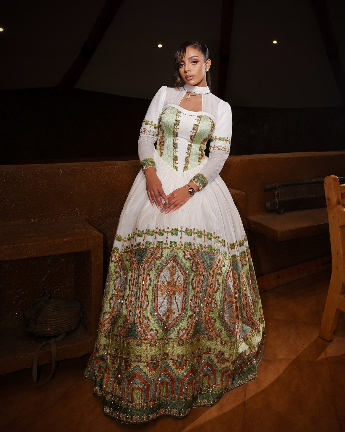 Sage Green High-Neck Corset Gown | Fine Habesha Cloth