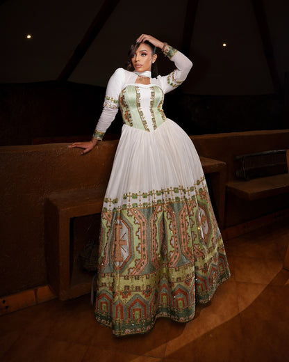 Sage Green & Gold High-Neck Corset Bridal Habesha Dress Traditional Ethiopian Wedding Dress 1235