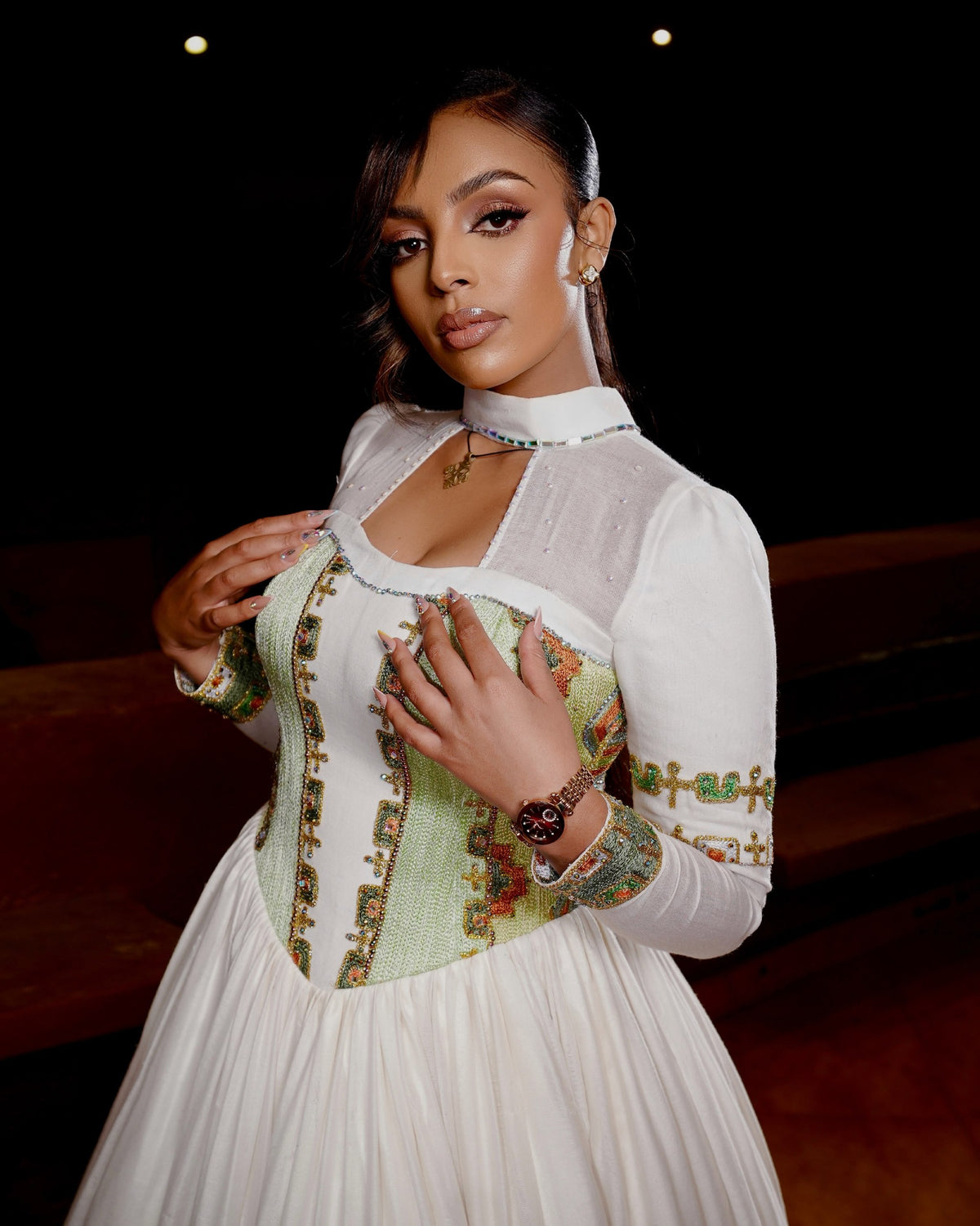 Sage Green & Gold High-Neck Corset Bridal Habesha Dress Traditional Ethiopian Wedding Dress 1235