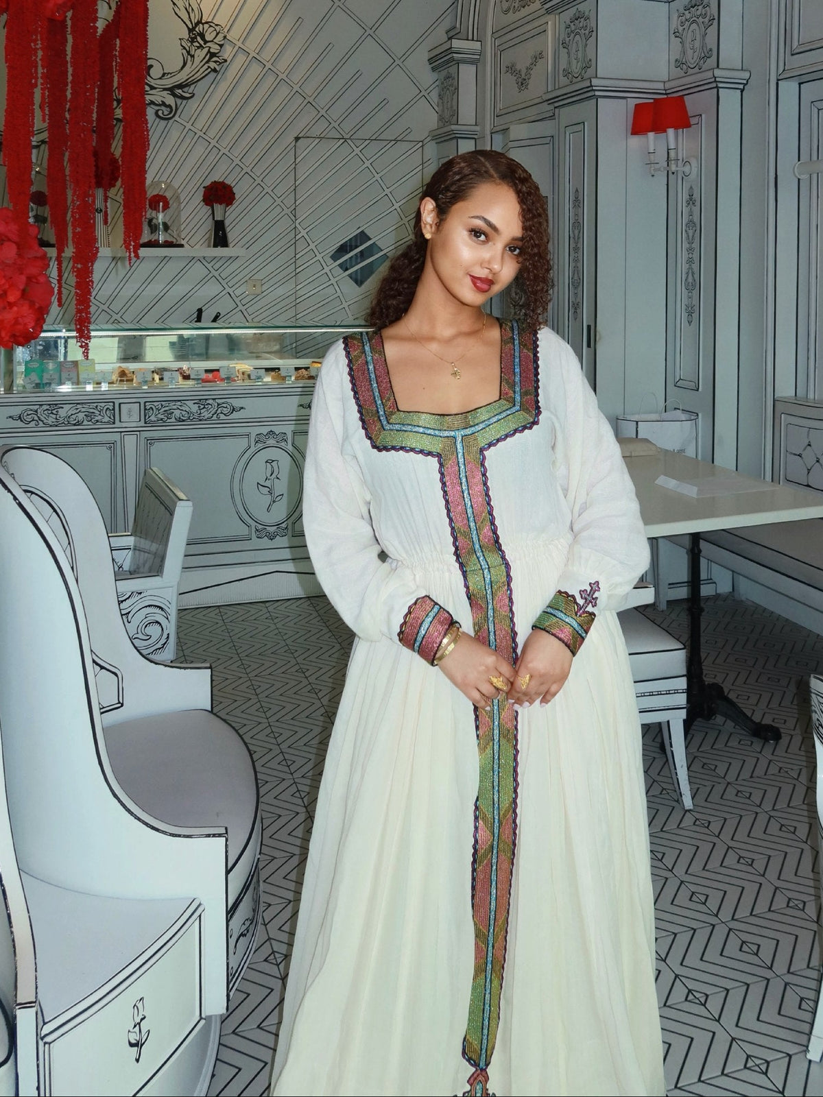Square-Neck Long Sleeve Habesha Dress Traditional Ethiopian Dress For Event And Festive 1236