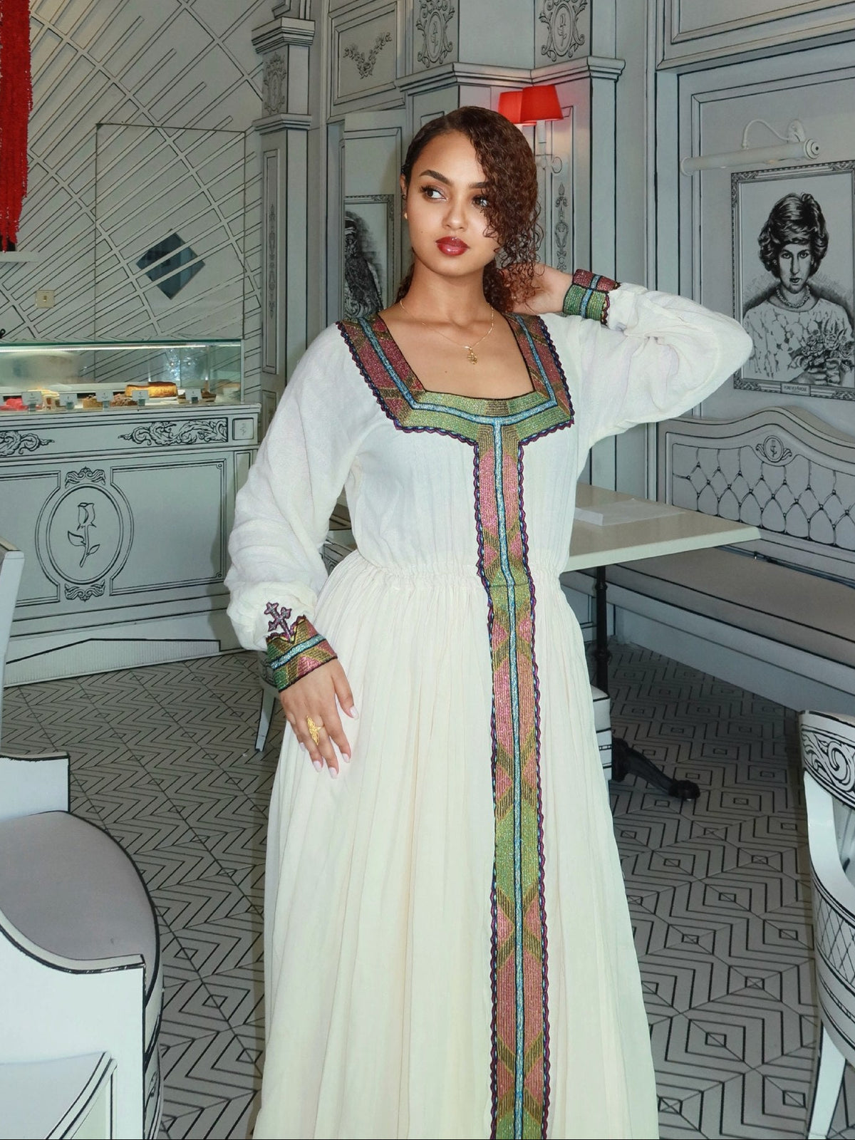 Square-Neck Long Sleeve Habesha Dress Traditional Ethiopian Dress For Event And Festive 1236