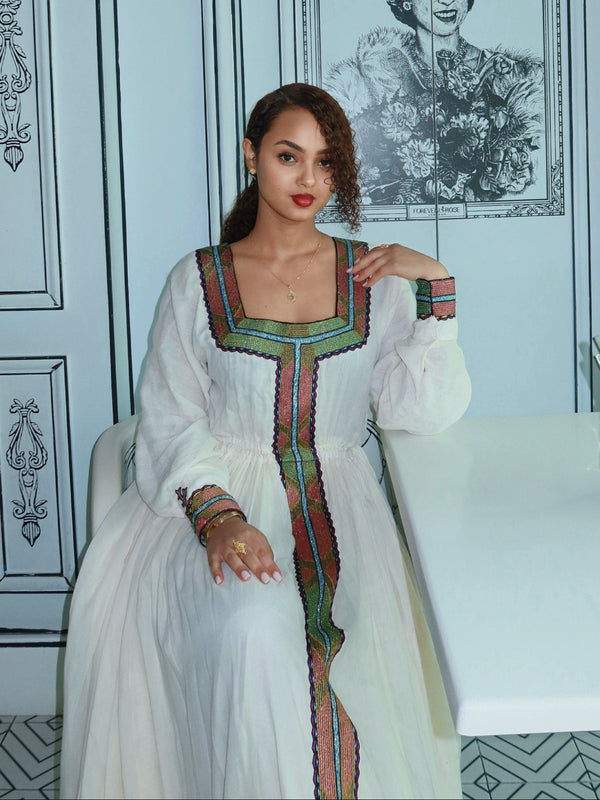 Square-Neck Long Sleeve Habesha Dress Traditional Ethiopian Dress For Event And Festive 1236