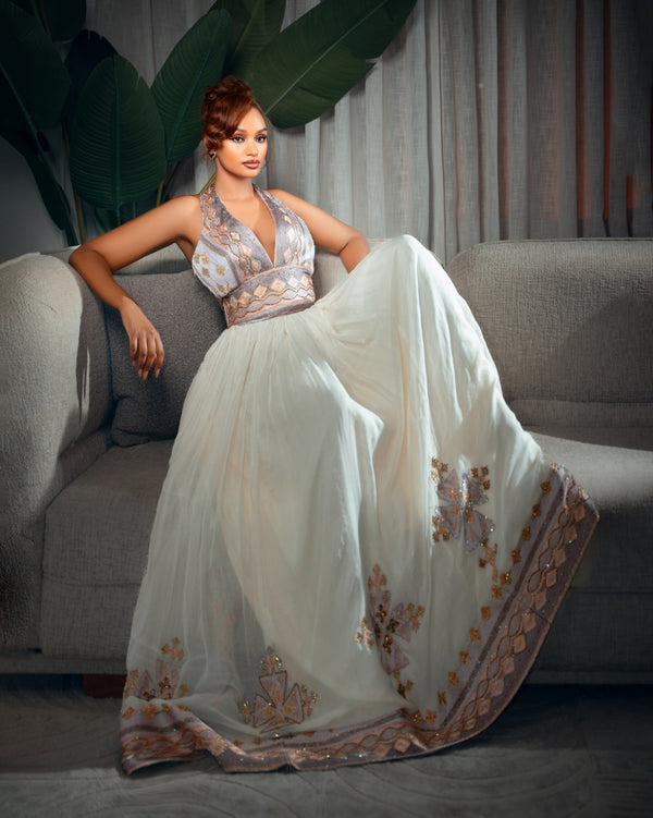 Silver & Mauve Halter Neck Habesha Dress Backless Habesha Kemis Online & Traditional Ethiopian dress 1237